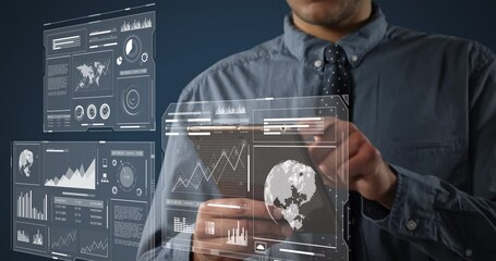 Poster - Animation of screens with data processing over businessmen using tablet