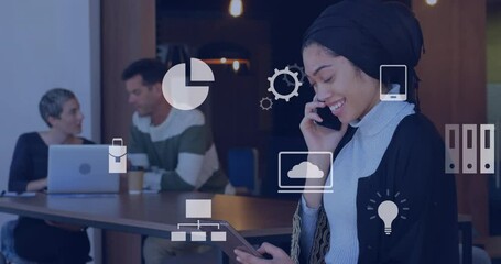 Aufkleber - animation of falling icons over diverse group of business people