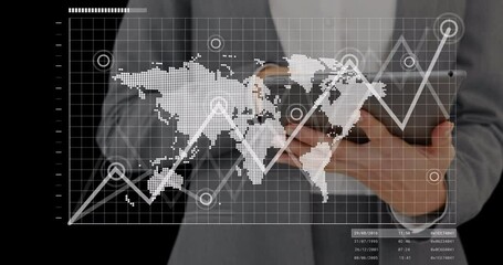 Poster - Animation of screens with data processing over businessmen using tablet