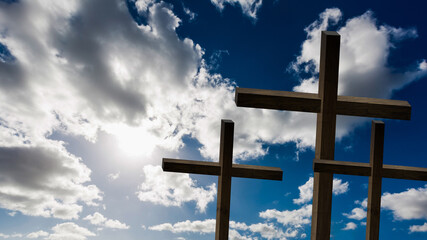 Wall Mural - Jesus Christ cross. Easter, resurrection concept. Christian wooden cross on a background with dramatic lighting, colorful mountain sunset, dark clouds and sky, sunbeams.