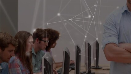 Poster - Animation of data and connections over diverse male teacher and students with computers