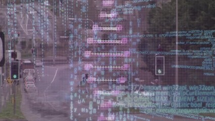 Poster - Animation of dna strand and data processing over cityscape