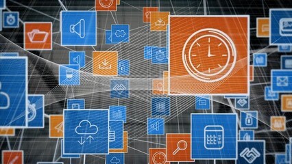 Poster - Animation of network of connections with icons over window