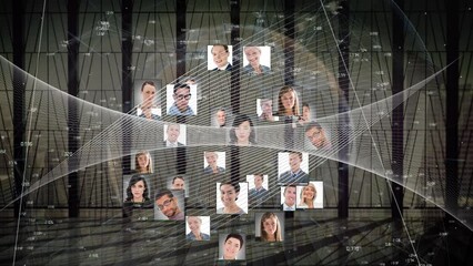 Poster - Animation of diverse people icons and network of connections with white lines over window