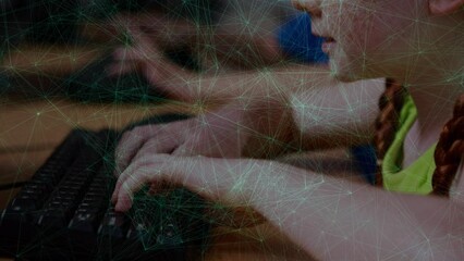 Poster - Animation of network of connections over caucasian schoolgirl using computer