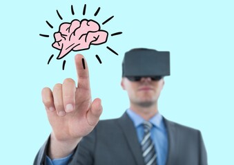 Sticker - Brain icon over caucasian businessman wearing vr headset touching an invisible screen