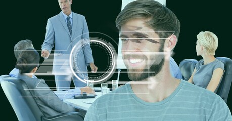 Poster - Data processing over caucasian man against group of diverse businesspeople discussing together