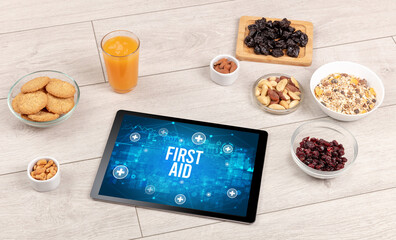 Tablet Pc with fruits, healthy concept