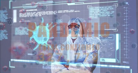 Poster - Animation of covid 19 cells and data over caucasian male doctor in ppe suit