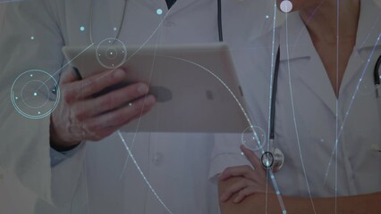 Sticker - Animation of network of connections over caucasian doctors