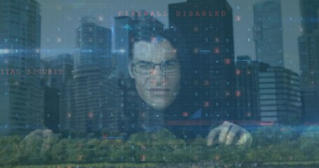 Poster - Animation of data processing over caucasian hacker