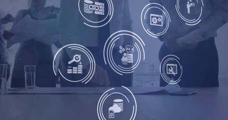 Poster - Animation of technology icons over midsection of diverse businessmen in office