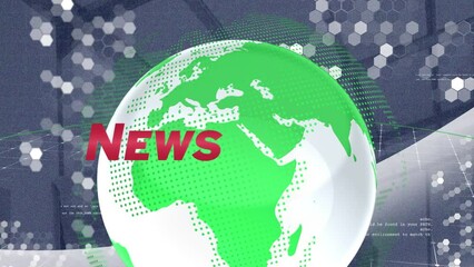 Poster - Animation of globe rotating, news and data processing over navy background