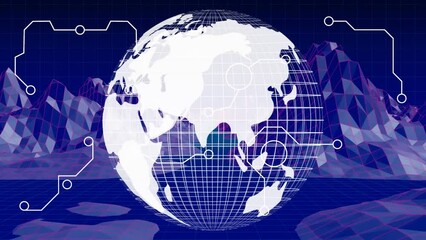 Poster - Animation of globe rotating over navy background with metaverse lanscape