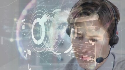 Poster - Animation of scope and data processing over caucasian businessman using phone headset