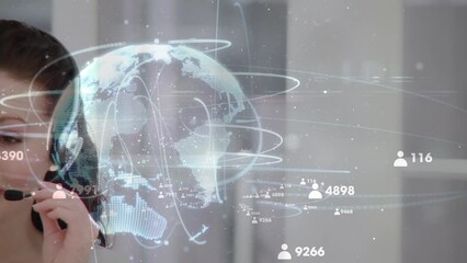 Poster - Animation of globe and numbers processing over caucasian businesswoman using phone headset