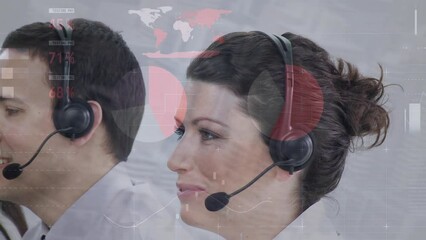 Poster - Animation of statistics and data processing over diverse business people using phone headsets