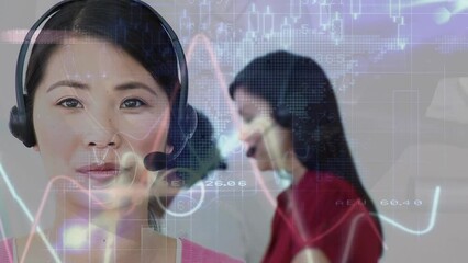 Poster - Animation of statistics and data processing over asian businesswoman using phone headset