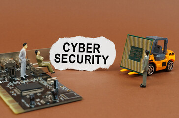 Aufkleber - On a brown background, a loader, a processor, figures of people and paper with the inscription - Cyber security