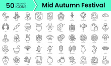 Set Of Mid Autumn Festival Icons. Line Art Style Icons Bundle. Vector Illustration