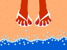 Vector Graphics - A Pair Of Female Legs In White Beach Flip-flops Standing On The Sand On The Seashore Near The Water. Concept - Summer Vacation And Relaxation