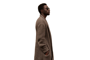 Fashionable portrait of stylish african man model looking away wearing knitted cardigan isolated on white background