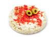 © InfinitumProdux - Rice Cake Sandwich with Bell Pepper, Cottage Cheese and Olives - Isolated on White. Easy Breakfast. Quick and Healthy Sandwiches. Crispbread with Tasty Filling. Healthy Dietary Snack - Isolation