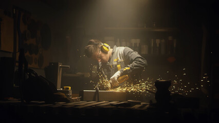 a man works with a circular saw. worker grinder grinds metal in workshop. sparks fly from hot metal.