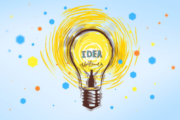 Wall Mural - Idea creativity concept with handwritten colorful light bulb with blue, red and yellow dots around on light blue background. 3D rendering