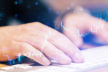 Poster - Close up of hands using keyboard with glowing forex chart on blurry background. Fintech, digital transformation and finance concept. Double exposure.