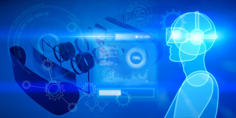 Aufkleber - Abstract blue guy or robot outline with VR glasses on blurry bokeh wallpaper with charts and various icons. Virtual reality, future and metaverse concept. 3D Rendering.