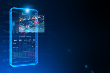 Poster - Creative digital blue mobile phone with cryptocurrency buy sell chart and mock up place on blue backdrop. Bitcoin and trade concept. 3D Rendering.