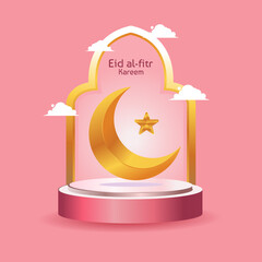 Wall Mural - Eid al-fitr kareem pink greeting card podium with islamic moon and star ornament vector design