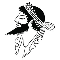 Head of a handsome bearded ancient Greek man in laurel wreath. Vase painting style. Antique male portrait. Black and white silhouette.