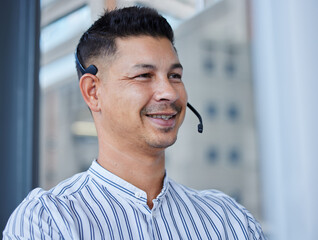 Poster - So happy with this review from a client. Shot of a young businessman working in a call center office helping a client.
