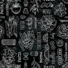 Italian pasta vector pattern. Food sketch chalk board illustration. Chalkboard background with italian pasta restaurant menu. Seamless hand drawn design pattern. Black chalk board vintage art drawing