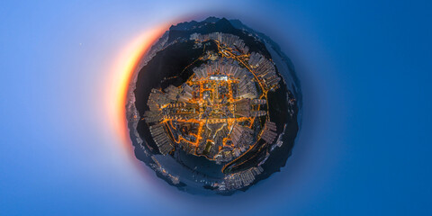 Wall Mural - Ting planet effect aerial view of Hong Kong city at magic hour