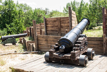 Antique Cannon With Cannonballs. Defense Of The City. Historic Site.