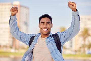 Poster - I finally made it. Shot of a man looking cheerful while standing outdoors.