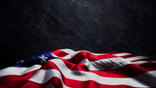 American Flag Banner For Patriot Day On Black Stone. Premium Holiday Background With Copy-Space.