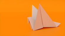 Bird Made From Folded White Paper Against Orange Background. Origami Concept With Copy Space.