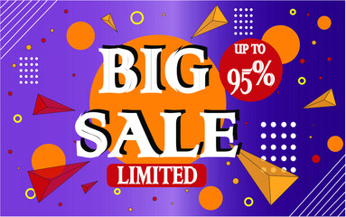 95% off. Big sale banner promotion template in purple and orange. discount on store products