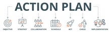 Action Plan Banner Web Icon Vector Illustration Concept With Icon Of Objective, Strategy, Collaboration, Schedule, Act, Launch, Check, And Implementation