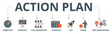 Action Plan Banner Web Icon Vector Illustration Concept With Icon Of Objective, Strategy, Collaboration, Schedule, Act, Launch, Check, And Implementation