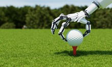 Robot Arm Putting Golf Ball On Tee As Caddy Or Player With Fairway Green Background. Sport Athletic And Technology Concept. 3D Illustration Rendering