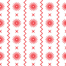 Embroidery Seamless Pattern. Abstract Geometric Ornament In Ethnic Style, Red On White Background, With Vertical Stripes, Suns, Crosses. For Textile Design 