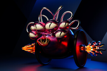 Sticker - Angry pink cartoon monster with a huge number of eyes, a dangerous weapon - a stinger on wheels ready to attack on a purple background.  3d illustration