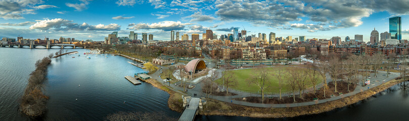 Wall Mural - Aerial panorama of downtown Boston, Charles River Esplanade, Back bay, Storrow lagoon, Beacon hill, with dramatic afternoon cloudy sky