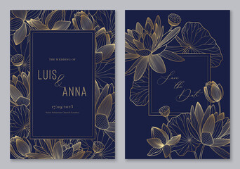 Luxury lotus template for wedding invitation. Floral design with lily and leaves. Vector poster for wedding date celebration. Golden frame and line flowers. Decorative cards