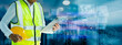 © SOMKID - Future building construction engineering and technology project concept. double exposure graphic with engineer using digital tablet and smart industry and IOT software to control operation.